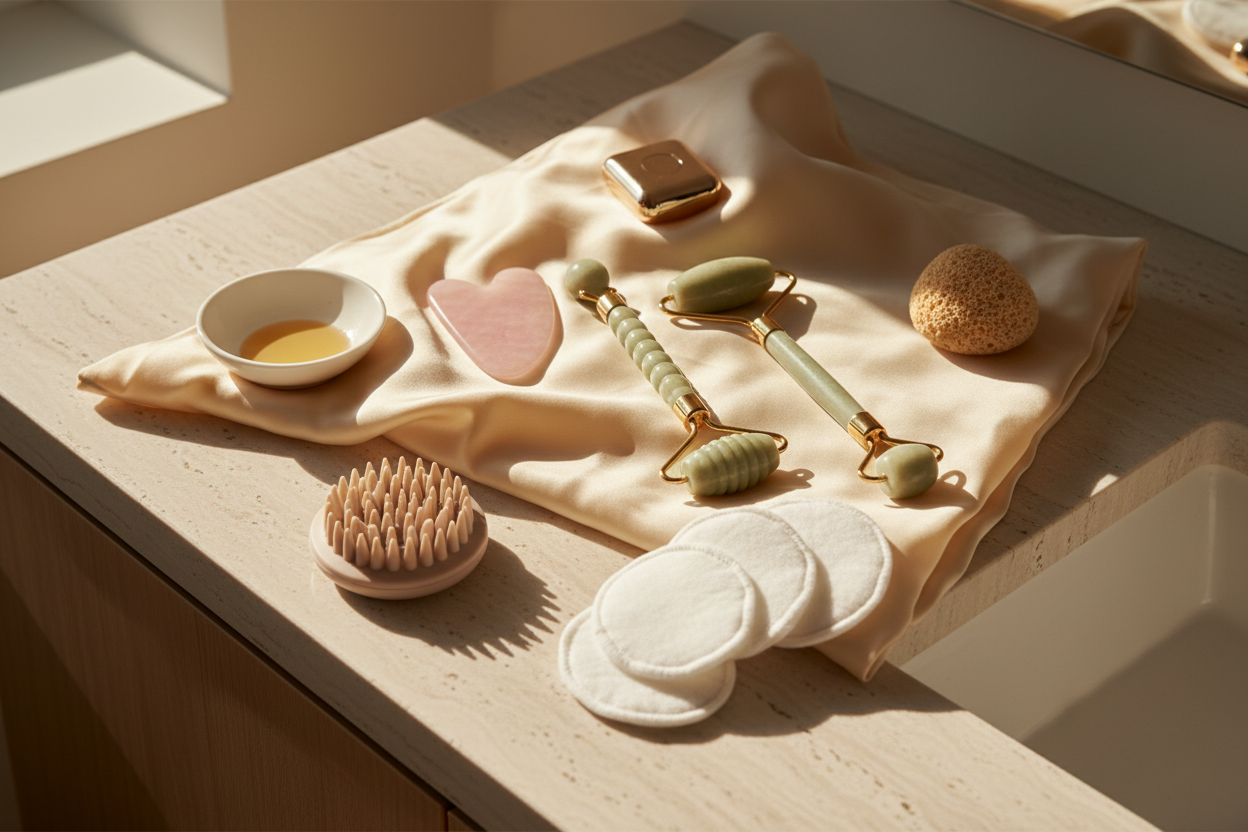 Editorial lifestyle flat lay featuring a curated mix of beauty and skincare tools including facial sculpting tools, a silk pillowcase, scalp massager, and cleansing accessories arranged naturally on a light stone vanity, warm neutral tones, soft natural window light, subtle shadows, realistic textures, luxury beauty brand photography, no text, no models